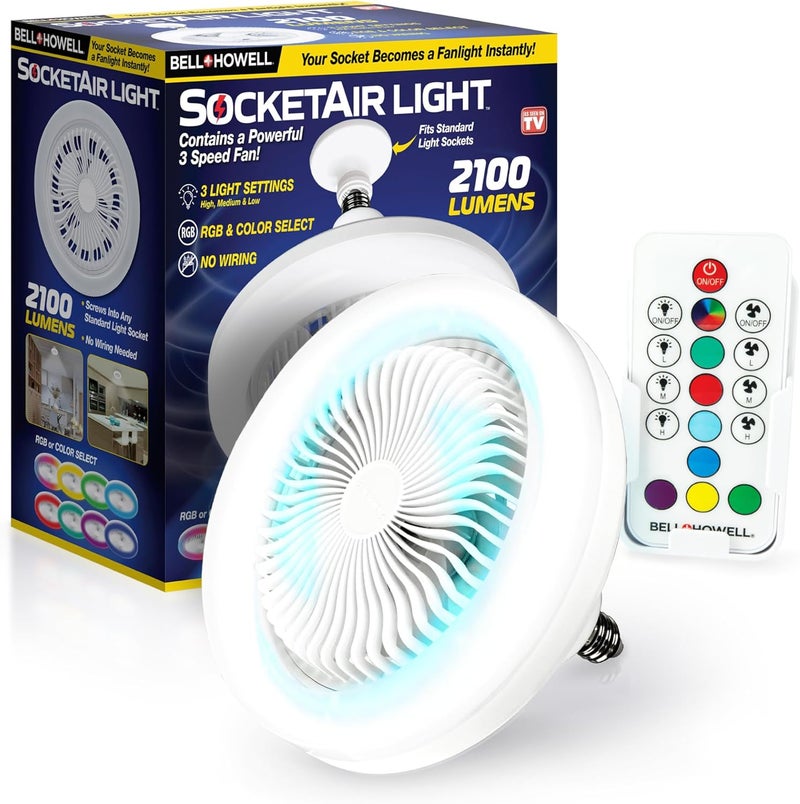 BELLHOWELL مروحة سقف لاسلكية SocketAir مع ضوء وتحكم عن بعد، موسع، 110-120 فولت، 2100 لومن، 3 سرعات مروحة، 3 إعدادات ضوء، 6500 كلفن لمساحات المعيشة، الطعام، والعمل ASON TV - Image 1